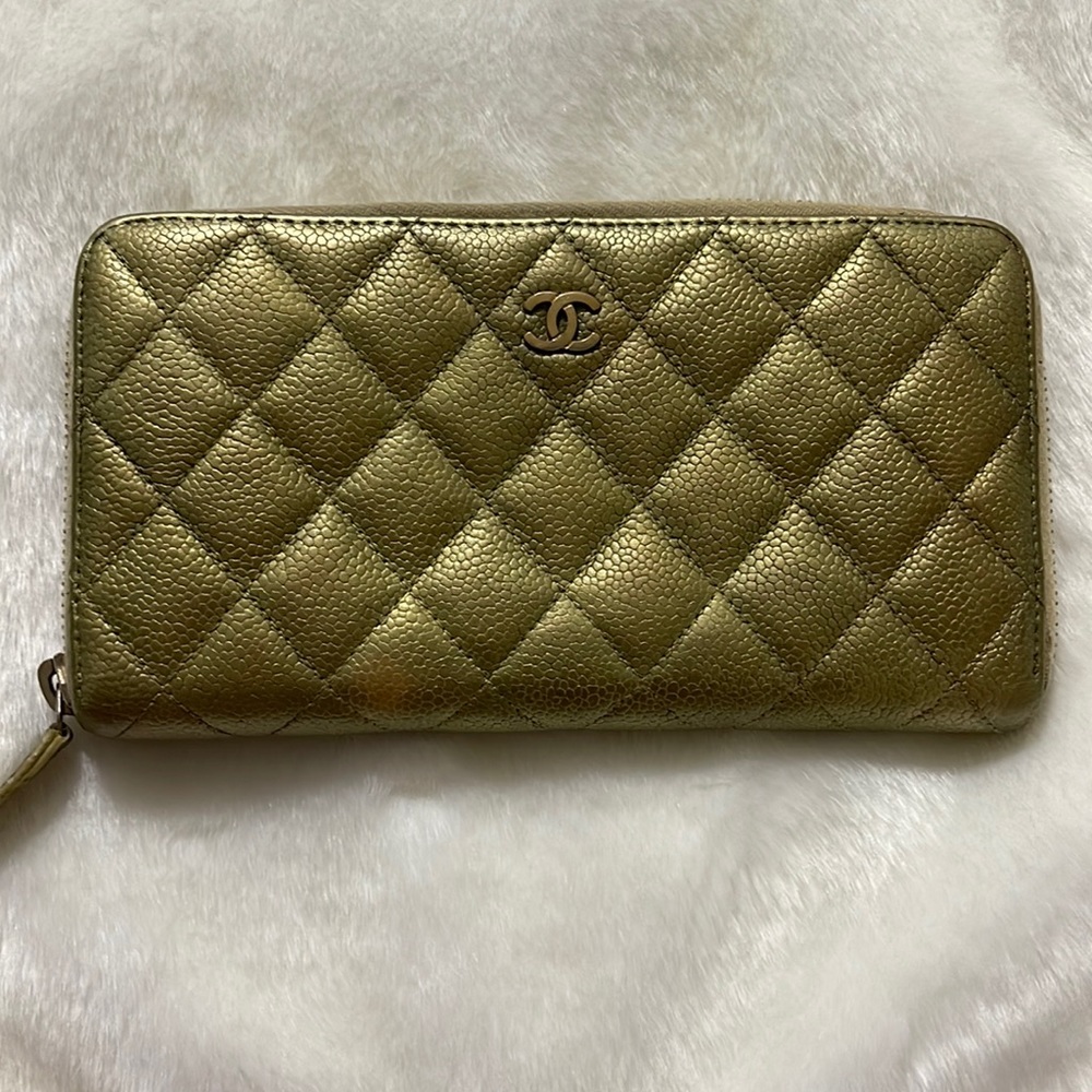 Authentic CHANEL Caviar Metallic Gold Long Zip Wallet